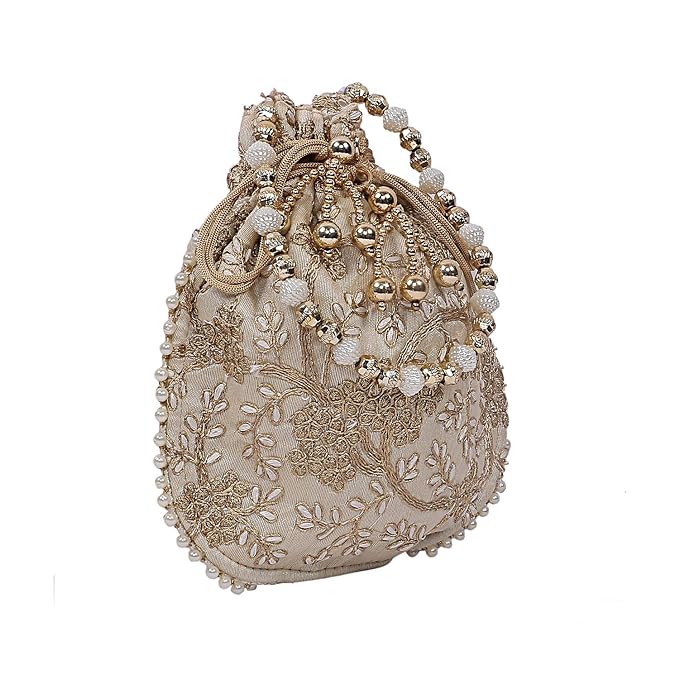 Silk Embroidered Women Potli Bag (Cream)