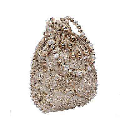 Silk Embroidered Women Potli Bag (Cream)