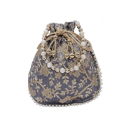 Silk Embroidered Women Potli Bag (Cream)