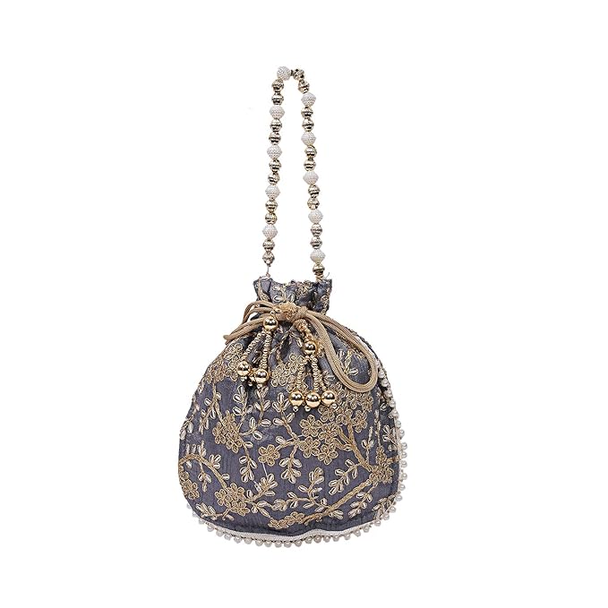 Silk Embroidered Women Potli Bag (Cream)