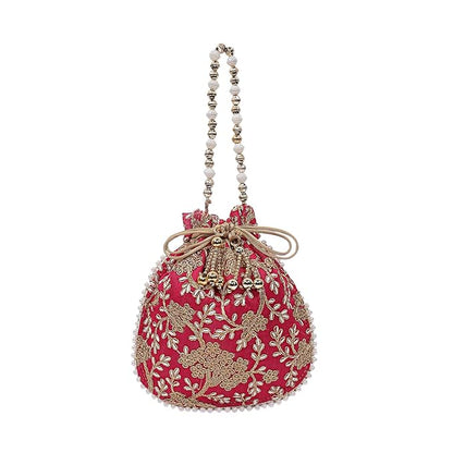 Silk Embroidered Women Potli Bag (Cream)
