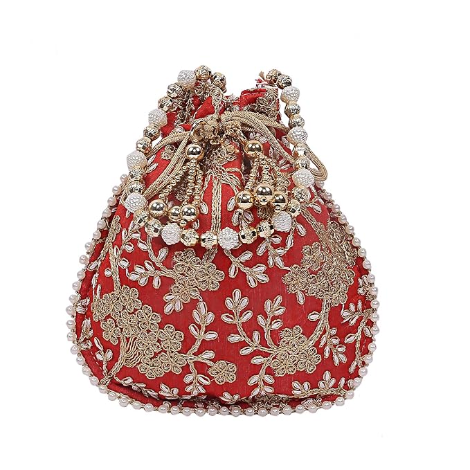Silk Embroidered Women Potli Bag (Cream)
