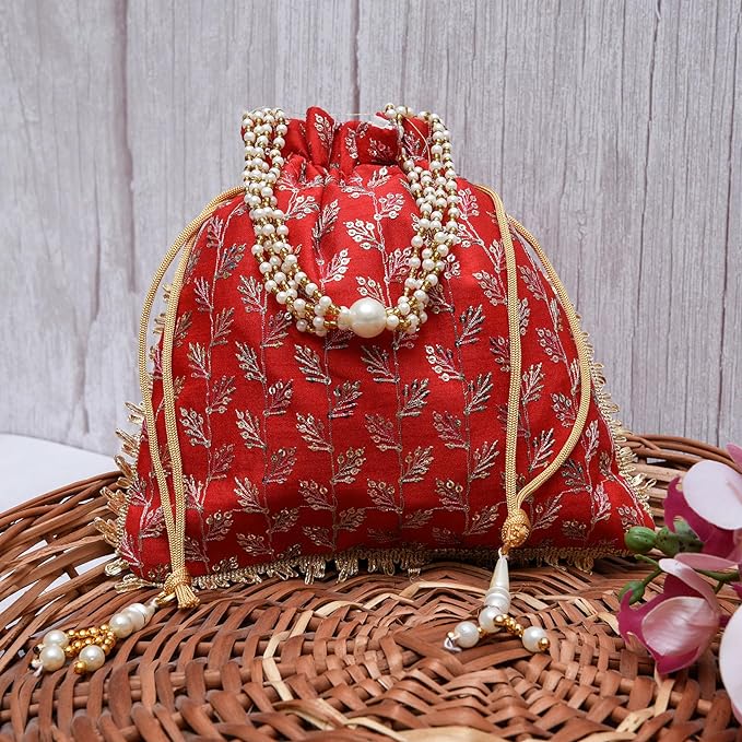Potli|Silk Wedding Potli|Drawstring Closure Potli|Wallet Potli|Christmas Gift Potli|Baby Shower Potli|Traditional Shagun Potli|Square Embroidery Potli|Red